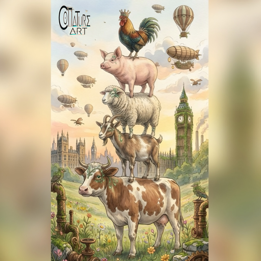 Kuh, Ziege, Schaf, Schwein und Huhn als Gemeinschaft